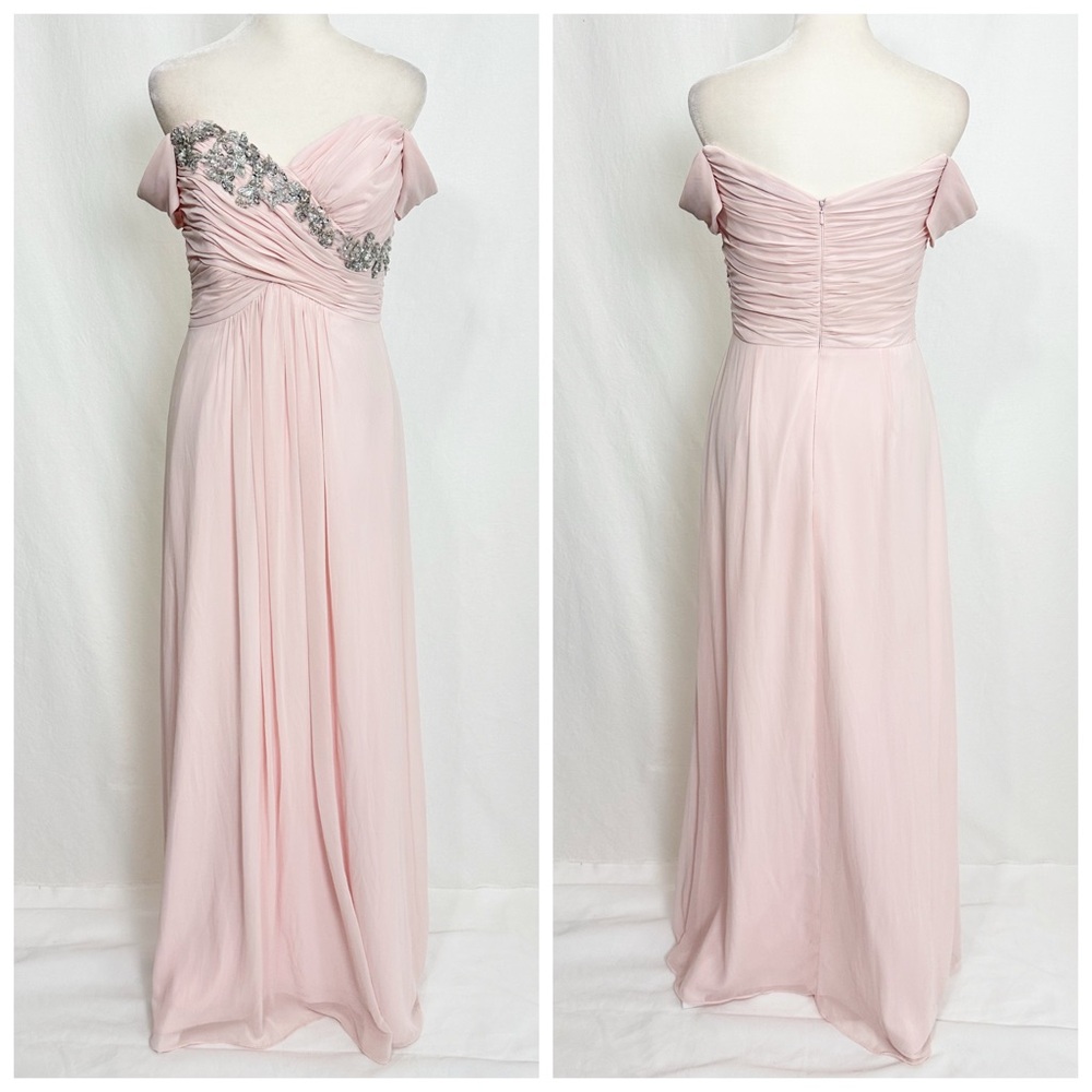 Dessy Collection Strapless Blush Dress with silver flora beading